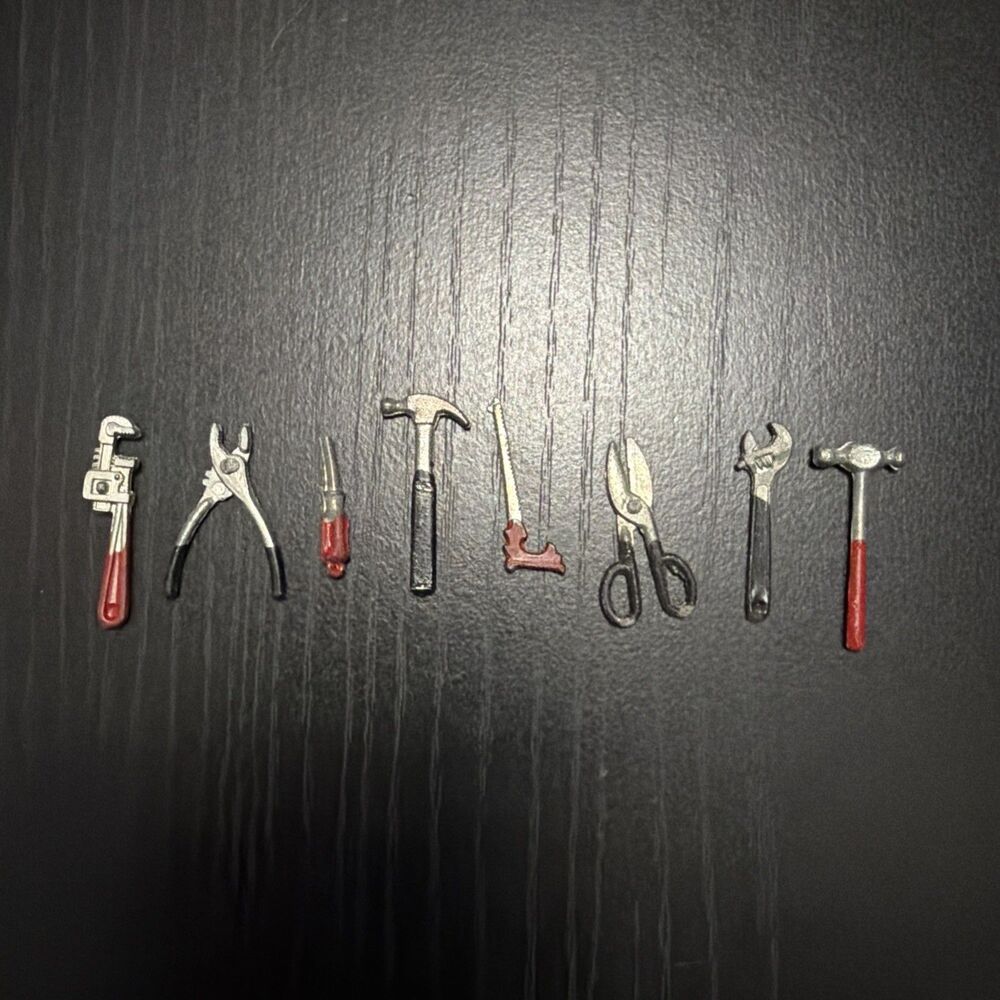8 VINTAGE MINIATURE 1 1/4 in. TOY METAL TOOLS HAMMERS WRENCH PLIERS SCREWDRIVER